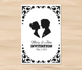 Vector wedding invitation with profile silhouettes of man and wo