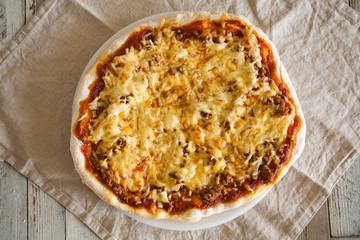 Pizza bolognese, top view