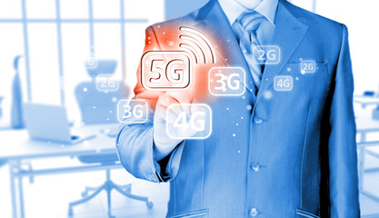 businessman holding in hand 5G, technology background