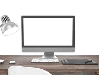 Fototapeta premium 3D illustration PC screen on table outdoor Workspace