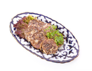 sliced horse meat sausage kazi close up on cutting wooden board
