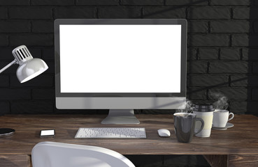 Fototapeta premium 3D illustration PC screen on table near brick wall Workspace