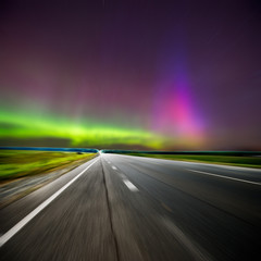 Northern lights (Aurora borealis) on road