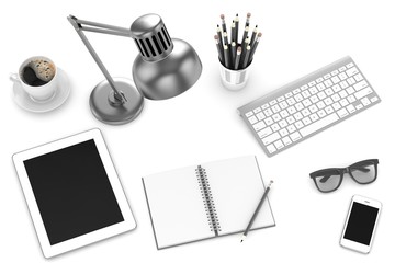 laptop and office stuff, workplace, top view