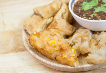 Crispy fried corn ball and fried taro,Vegetarian food, selection