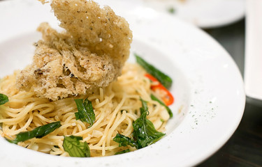 Fried Crispy Catfish with spaghetti, selection focus point