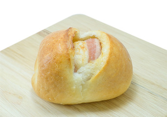 Bacon filled bread roll, bap or bun,isolated