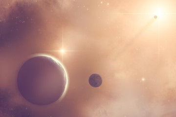 Obraz na płótnie Canvas Sunrise over planets horizon with stellar wonders.