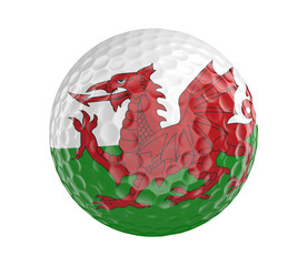 Golf ball 3D render with flag of Wales, isolated on white