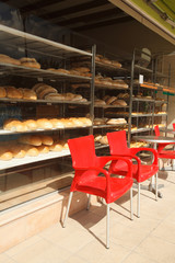 View from the street to the bakery display case