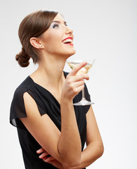 Portrait of smiling woman holding glass with drink.