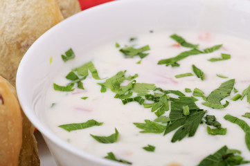 Indian food: yogurt salad and vegetable pies.