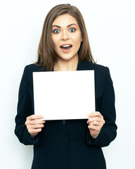 Naklejka premium business woman show white sign board.