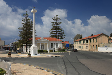 Ionic columns and a public library on the boulevard of Paphos. Cyprus
