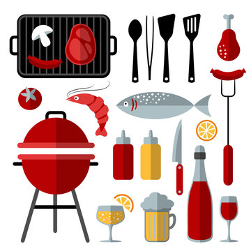 Set of barbecue food and utensils elements, flat design, vector