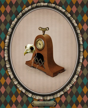 Illustration or card with cuckoo clock. 