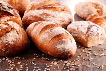 Composition with variety of baking products on wooden table