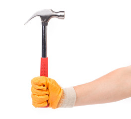Man's hand in glove holding hammer.