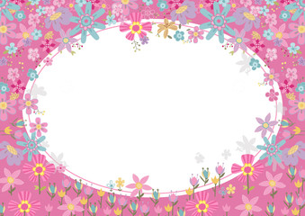 Fototapeta na wymiar Collection of colorful flowers on a pink oval frame