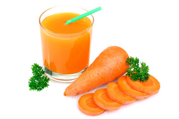 Glass of fresh healthy juice with carrot isolated on white