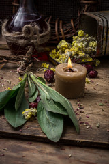 medicinal herb and burning candle