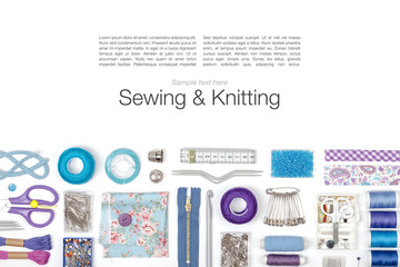sewing and knitting on white background 