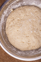Sourdough yeast dough rises in a bowl on the table