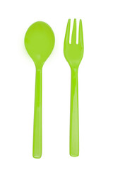 Green plastic  fork and spoon