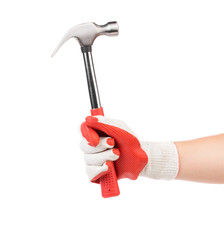 Man's hand in glove holds hammer.