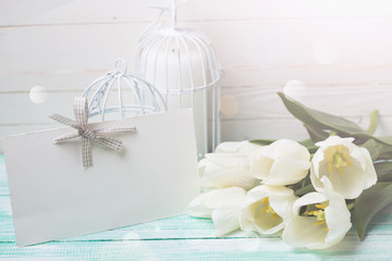Postcard with elegant white  flowers and empty tag for your text