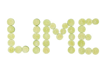 Sliced limes forming the word lime, on a white background