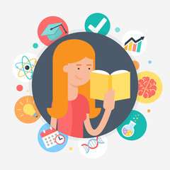 Woman reading book, vector illustration flat style