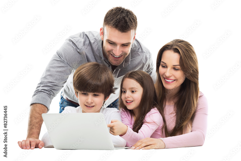 Wall mural family using laptop together