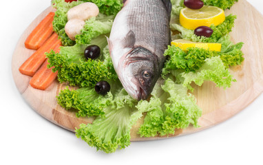 Fresh seabass fish on lettuce.