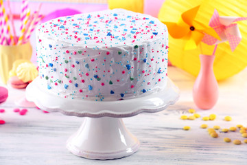 Birthday decorated cake on colorful background