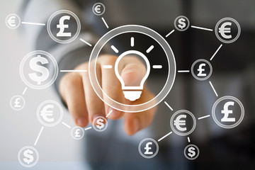 Businessman pushing button with idea bulb dollar currency