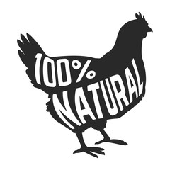 Silhouette of farm Hen black with text inside on white