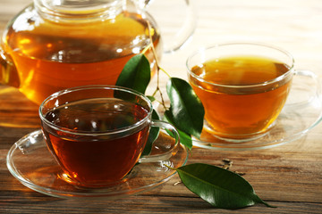 Cups of green tea on table close-up