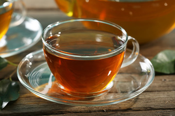 Cups of green tea on table close-up
