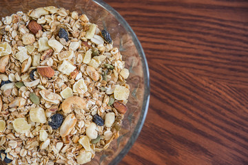 Homemade granola on wood table