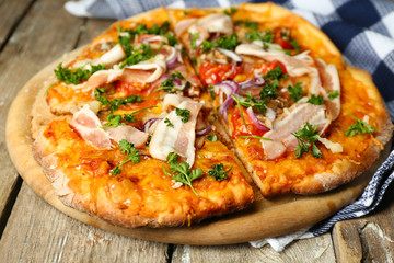 Tasty pizza on table close up
