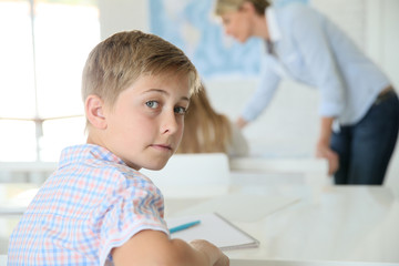 Young smiling schoolboy in classroom