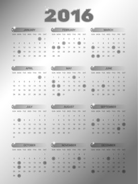 Calendar 2016 template in "silver".
Editable vector.
Eps 10