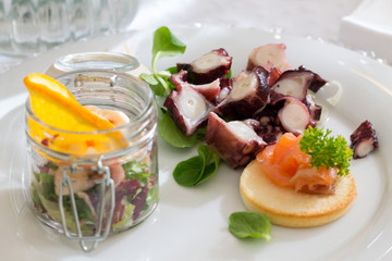 Salmon Crouton with octopus salad