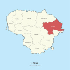 Fototapeta na wymiar Utena Lithuania Map Region County Vector Illustration 