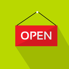 Open Door Text Sign Red Shop Label over Green