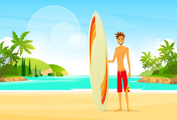 Surfer Man with Surfing Board Palm Tree Summer Holiday