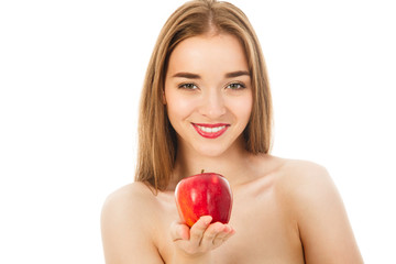 beautiful woman with red apple isolated