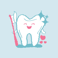 tooth with tooth-brush, freehand drawing vector illustration