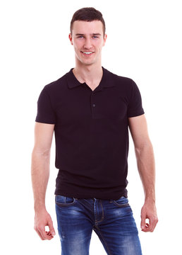 Young happy man in a black polo shirt